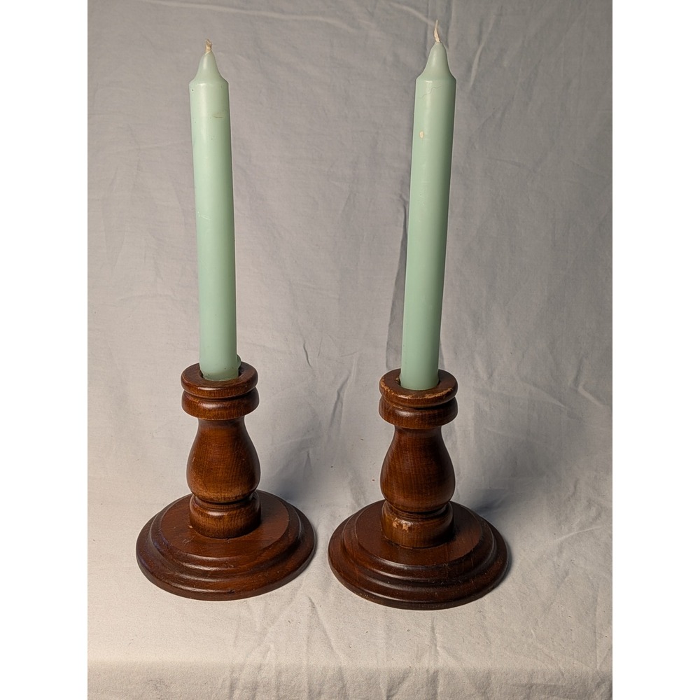 Vintage Turned Wood Candlestick Set Pair Brown Taper Candle Holders 4.5in
